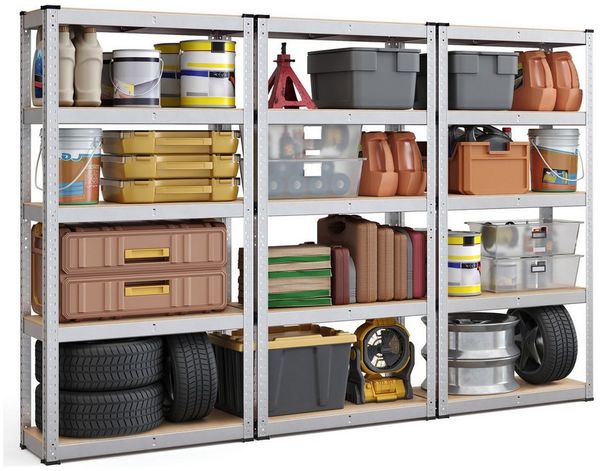 SONGMICS Schwerlastregal, 3er Set, Kellerregal, Lagerregal, 30 x 75 x 150 cm, Regal mit Stahlgestell, bis 650 kg belastbar, 5 verstellbare Ablagen, silbern GLRDE030E03