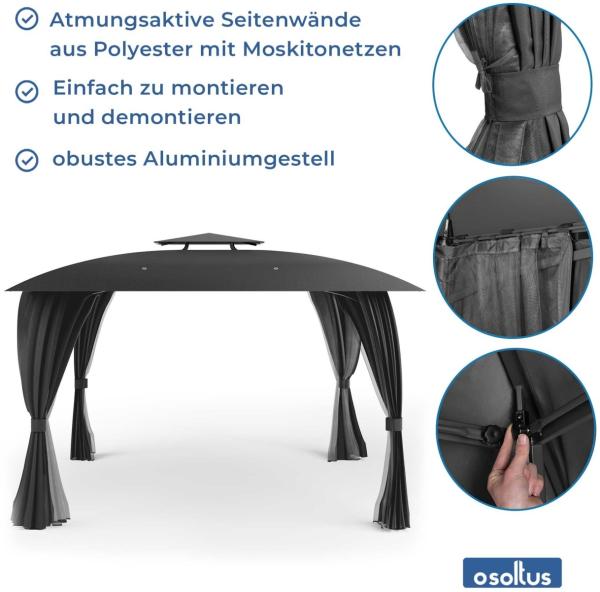 osoltus Garten Pavillon Amrum 3,3x3,3m Anthrazit mit Seitenwand u. Moskitonetz Bild 4