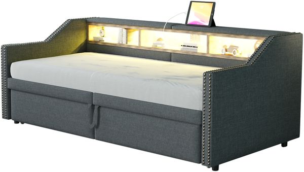 Polsterbett Ausziehbares Schlafsofa 90/180x200 cm, Multifunktionales Staufach, LED-Licht und USB-Buchse, mit Lattenrost, Dunkelgrau Bild 5