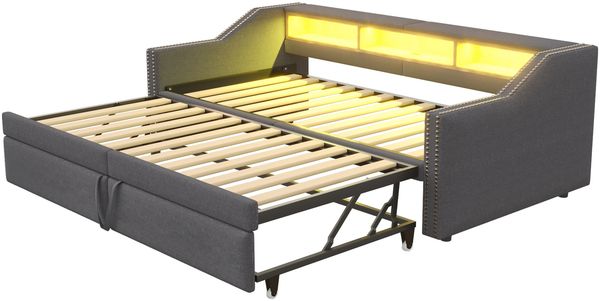 Polsterbett Ausziehbares Schlafsofa 90/180x200 cm, Multifunktionales Staufach, LED-Licht und USB-Buchse, mit Lattenrost, Dunkelgrau Bild 9