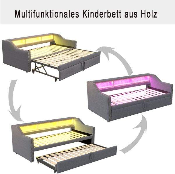 Polsterbett Ausziehbares Schlafsofa 90/180x200 cm, Multifunktionales Staufach, LED-Licht und USB-Buchse, mit Lattenrost, Dunkelgrau Bild 7