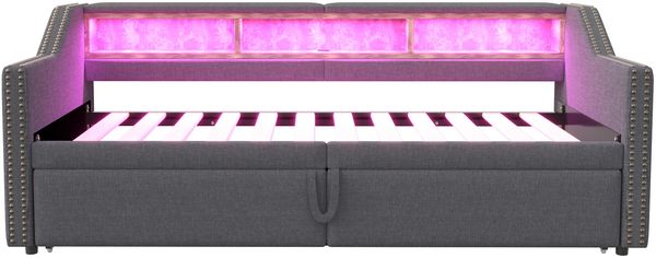 Polsterbett Ausziehbares Schlafsofa 90/180x200 cm, Multifunktionales Staufach, LED-Licht und USB-Buchse, mit Lattenrost, Dunkelgrau Bild 10