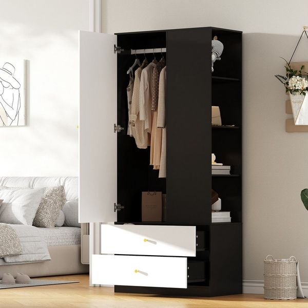 Flieks Kleiderschrank mit Spiegel, 2 Schubladen, 1 Tür und 4 offenen Fächern (1-St, 80x40x180 cm) Garderobenschrank Drehtürenschrank Hochschrank Schwarz&Weiß