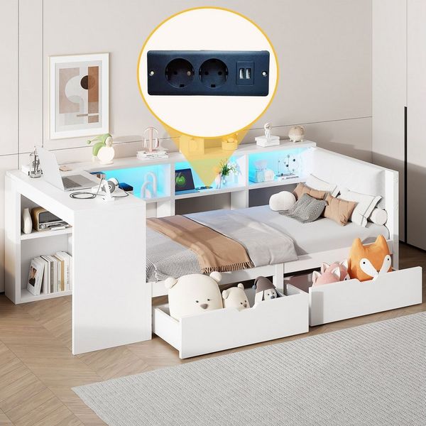 Flieks Holzbett, Kinderbett 90x200cm mit LED, Schubladen, Aufladen und Schreibtisch