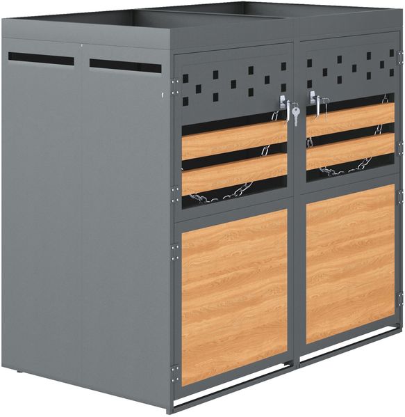 LVHOM Mülltonnenbox für 2x240 L, Holz-Metall-Optik, Mülltonnenverkleidung aus Stahl, wetterfest, Belüftungsschlitze, 132x80x125 cm