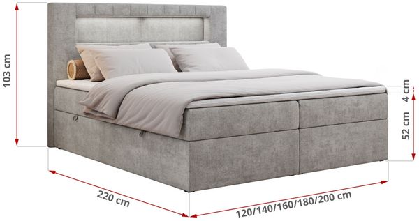 Boxspringbett - Polsterbett mit LED Kopfteil - GOLD-5 - 140x200cm - Hellgrau Stoff - H3 Bild 5