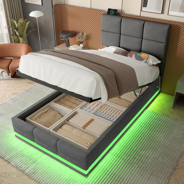 Polsterbett 90x200 cm mit LED, USB-Anschlüssen und Stauraum – Samtbezug in Dunkelgrau