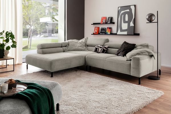 KAWOLA Sofa DELIA Ecksofa Cord steingrau mit motorischem Sitzvorzug Recamiere links 74 x 219 x 276 cm