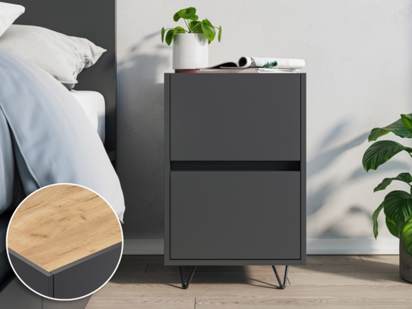 Nachttisch Kommode You 40cm 2 SoftClose stehend Grafit & Eiche Top : Grafit / Oak Gold