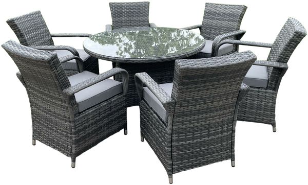 Fimous Rattan Gartenmöbel Essplatz Tisch und Stuhl Set Wicker Patio 6 Stühle Plus Runde Klar Gehärtetes Glas Tisch