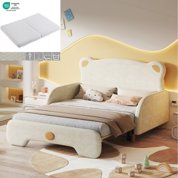 OKWISH Kinderbett Doppelbett in Bärenform, Polsterbett, Tagesbett Ausziehbett (140x110cm&140x200cm, mit weichen Schutzkanten, mit Holzlatten, Samt), ohne Matratze