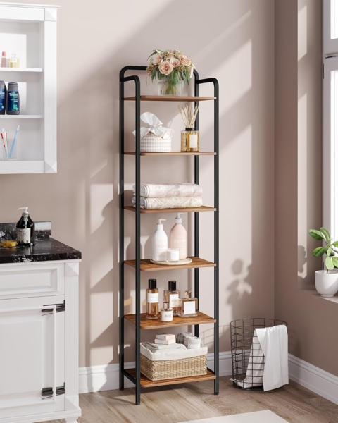 Bücherregal, Regal, Standregal, Schmales Bücherregal, Industrielles Eckregal, Schlankes Regal für Heimbüro, Wohnzimmer, Schlafzimmer, Küche, 6 Ebenen Vintagebraun-Schwarz