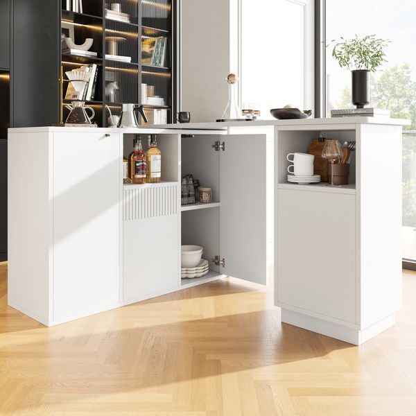 Drehbare Bartheke 360°, Kücheninsel Sideboard, L-Form/linear umstellbar, Marmoroptik Arbeitsplatte, großer Stauraum,Weiß
