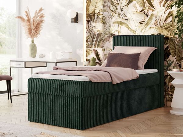 Boxspringbett TILIANO 90x200 Cord inkl. Bettkasten, Einzelbett 7-Zonen Multipocket-Matratze & Topper, Modernes Design mit hohem Kopfteil - Dunkelgrün Cordstoff - H3 - Topper Visco