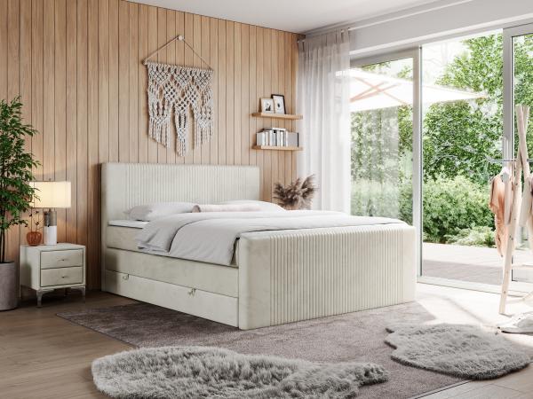 Boxspringbett KING DOREN, mit zwei Bettkästen und einer Multipocket-Matratze - 200x200 - Beige Velours - H4