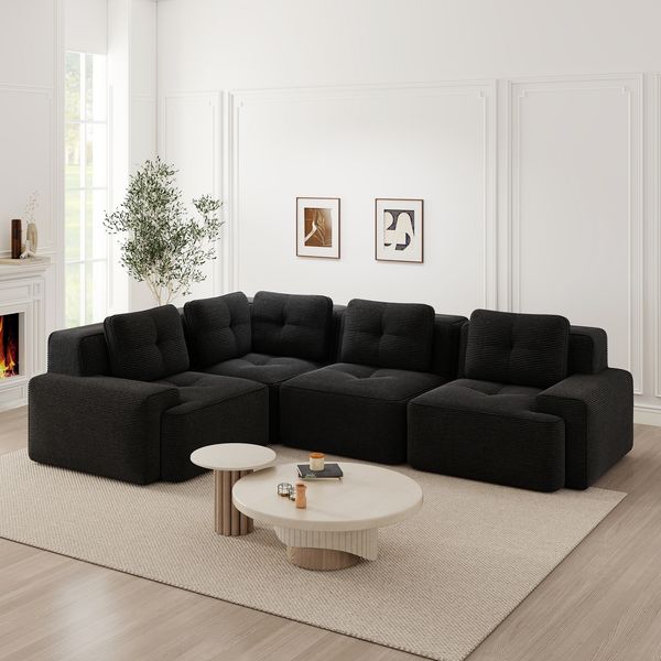4-Sitzer Sofa 382x104x69 cm aus Cordstoff rahmenlos modular, schwarz
