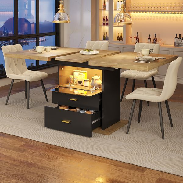 Ausziehbarer Esstisch110 (140)x 80x75 cm Geeignet für Esszimmer Küchen oder Terrassen Mit LED-Beleuchtung Esstisch 6 Personen
