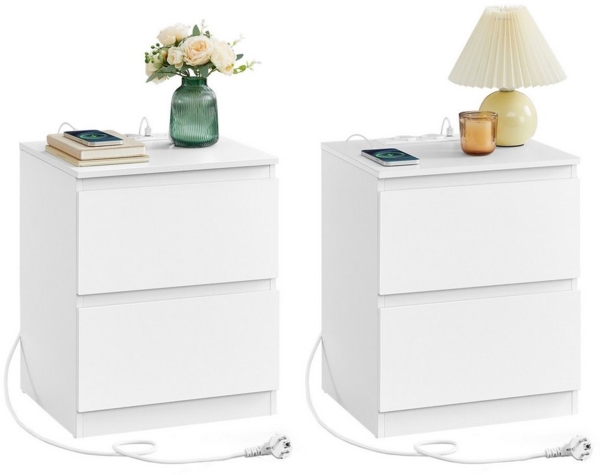 VASAGLE Nachttisch mit Steckdosenleiste und Schubladen, 2er Set, MDF Wolkenweiß, 35 x 40 x 49 cm