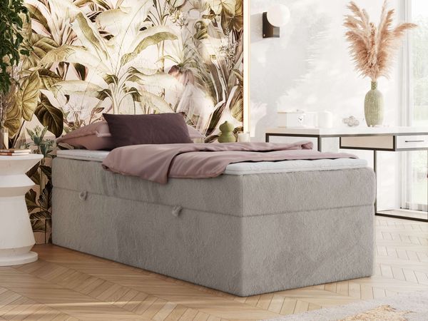 Boxspringbett 90x200 Polsterbett ZERO 90 Einzelbett ohne Kopfteil, inkl. Stauraum & Multipocket-Matratze, Hotelbett - Hellgrau Plüsch - H3 - Topper Visco