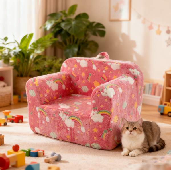 Kindersofa pink mit Regenbogen, 49x64x49 cm, nachtleuchtend, abnehmbarer Bezug