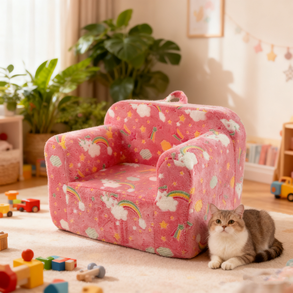 Kindersofa pink mit Regenbogen, 49x64x49 cm, nachtleuchtend, abnehmbarer Bezug