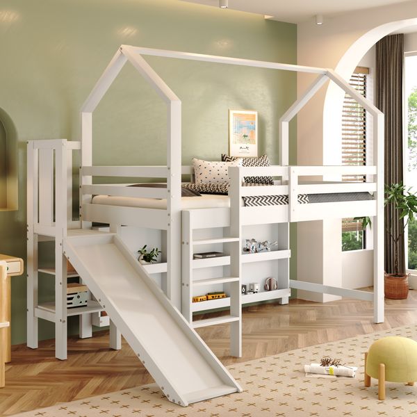 Kinderbett, Einzelbett, 90*200 cm, Multifunktionales Kinderbett ,Mit Rutsche & Treppen & Schließfach & Regal ,Ohne Matratze, Massivholz+MDF, Weiß