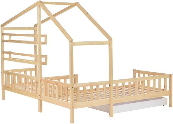 Kinderbett Hausbett mit Schubladen und Regalen, Massivholz mit Zaun und Lattenrost, L-Struktur, Natur (90x200 cm+140x70cm) Bild 8