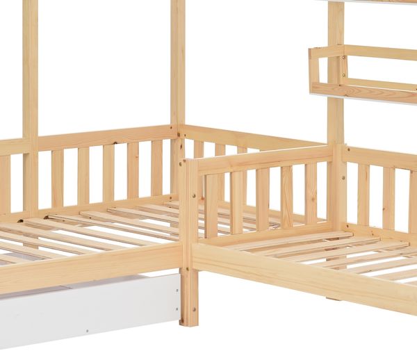 Kinderbett Hausbett mit Schubladen und Regalen, Massivholz mit Zaun und Lattenrost, L-Struktur, Natur (90x200 cm+140x70cm) Bild 10