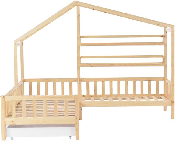 Kinderbett Hausbett mit Schubladen und Regalen, Massivholz mit Zaun und Lattenrost, L-Struktur, Natur (90x200 cm+140x70cm) Bild 9
