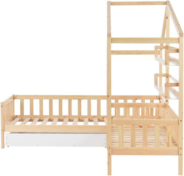Kinderbett Hausbett mit Schubladen und Regalen, Massivholz mit Zaun und Lattenrost, L-Struktur, Natur (90x200 cm+140x70cm) Bild 6