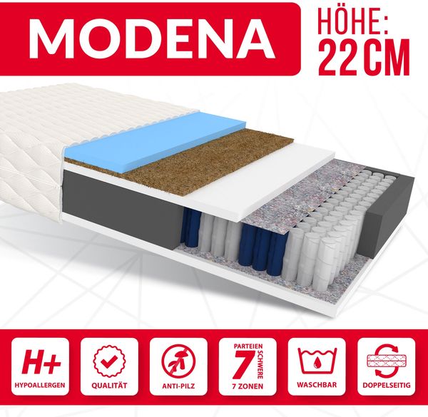 Matratze 160x200 Taschenfederkern MODENA 7 Zonen H2 H3 22 cm Kokos HR Schaum Polyurethanschaum JERSEY Bild 3