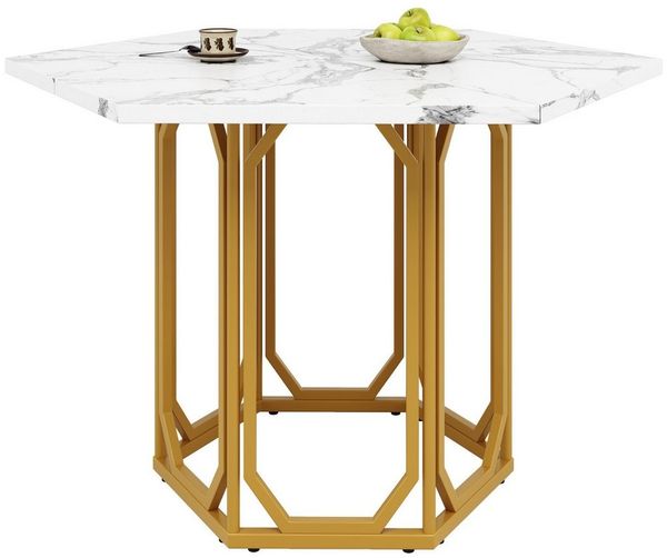 Refined Living Esstisch Sechseckiger Esstisch mit Marmormuster, Küchentisch, Frühstückstisch (Wohnzimmertisch 110 × 95 cm, Marmor-Optik Tisch, Esstisch Metallbeine Gold, Esszimmer Tisch Stilvoll, Tisch mit verstellbaren Füßen, Robustes Metallgestell, 1...