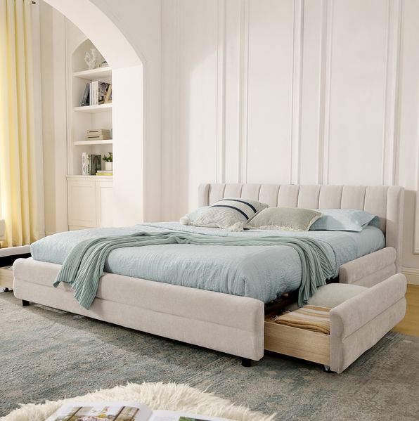 Polsterbett, Chenille mit 4 Schubladen & USB-Anschluss, 140x200 cm, Beige, ohne Matratze