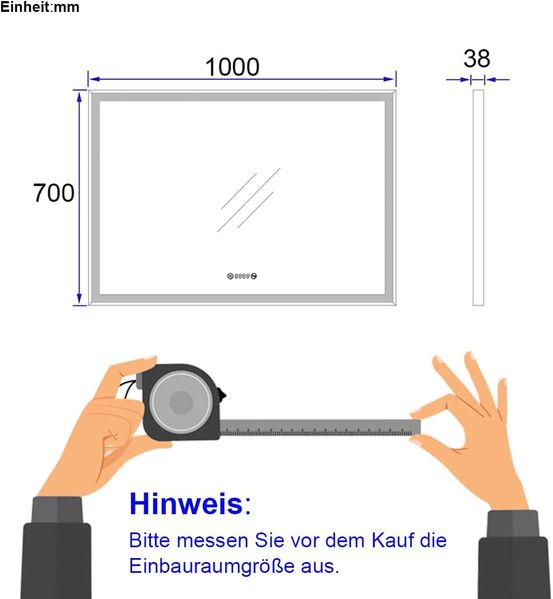 EMKE Badspiegel mit Beleuchtung 100x70cm Badspiegel Schwarzer Rand LED Badezimmerspiegel mit Touch, Antibeschlage, Uhr, Temperatur, Dimmbar, Memory-Funktion, Neutrale Beleuchtung Wandspiegel IP44 Bild 5