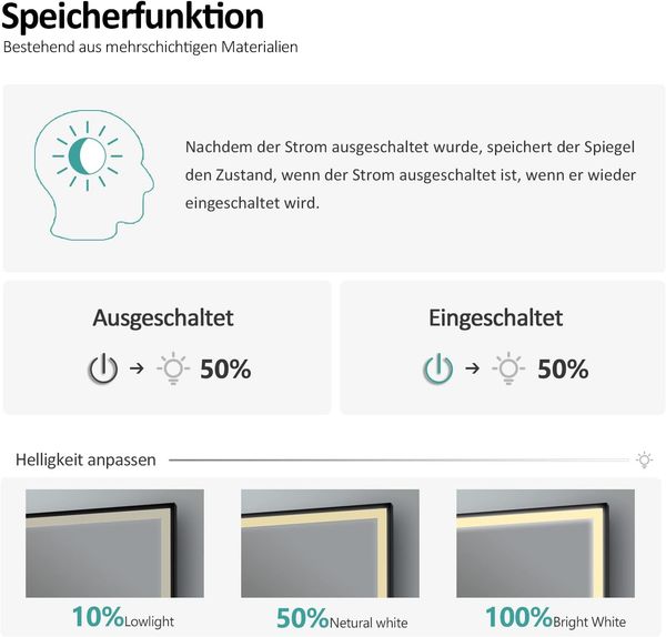 EMKE Badspiegel mit Beleuchtung 100x70cm Badspiegel Schwarzer Rand LED Badezimmerspiegel mit Touch, Antibeschlage, Uhr, Temperatur, Dimmbar, Memory-Funktion, Neutrale Beleuchtung Wandspiegel IP44 Bild 4