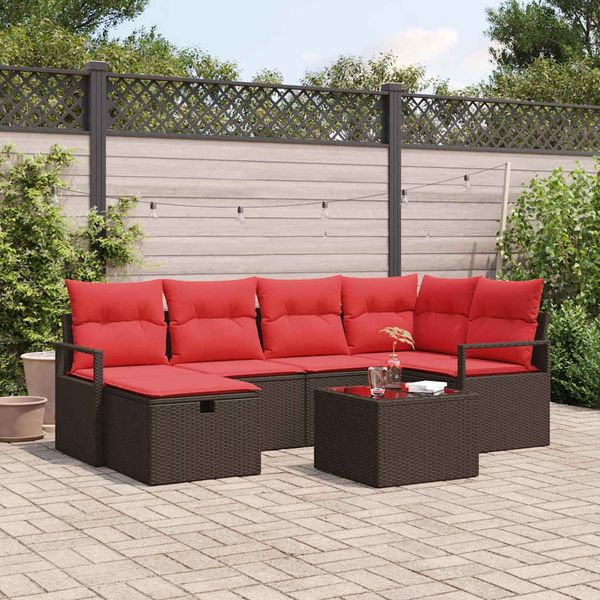 vidaXL Sofa Set mit Kissen 7 pcs Braun und Rot Poly-Rattan 3359193
