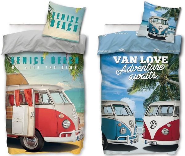 SkyBrands Bettwäsche VW Bulli - 2 x Bettwäsche-Set, Bus T1 Strand Beach, 135x200 & 80x80, Baumwolle, 100% Baumwolle