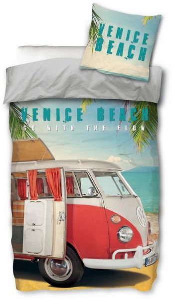 SkyBrands Bettwäsche VW Bulli - 2 x Bettwäsche-Set, Bus T1 Strand Beach, 135x200 & 80x80, Baumwolle, 100% Baumwolle