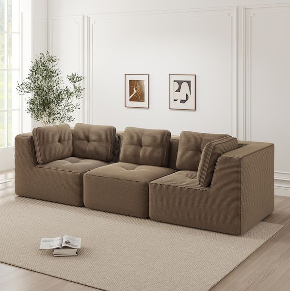 Modulares Ecksofa aus Cord 69cm×297cm×104cm – rahmenloses Sofa in Braun mit breiten Armlehnen