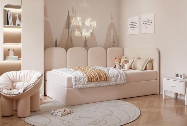 Compleo Boxspringbett Jugendbett DREAMY, Polsterbett mit Bettkasten, 80/90/100/120x200, Kopfteil links oder rechts, Boucle oder Velvet