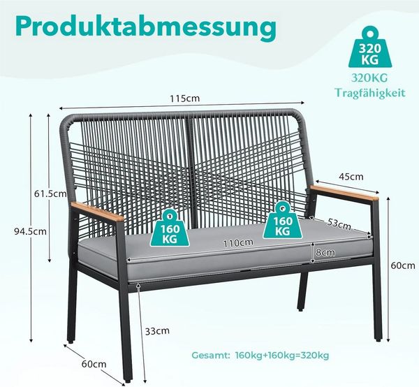 TLGREEN Gartenbank Rattan,2-Sitzer Gartenstuhl Polyrattan,Sitzbank Outdoor, (Gartenmöbel mit 8 cm dicken Sitzkissen, WPC Armrest), für Terrasse, Garten, Veranda