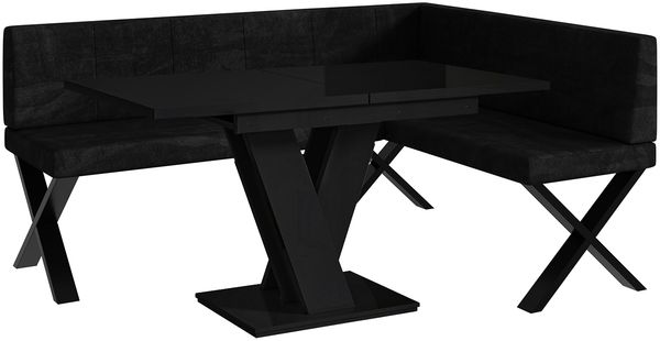 MEBLINI Eckbank für Esszimmer mit ausziehbarem Tisch - Küchenbank - Essecke - Sitzecke Küche - PETER - X-Beine 128x168x87cm Rechts - Graphit Samt/M Schwarz Hochgl.