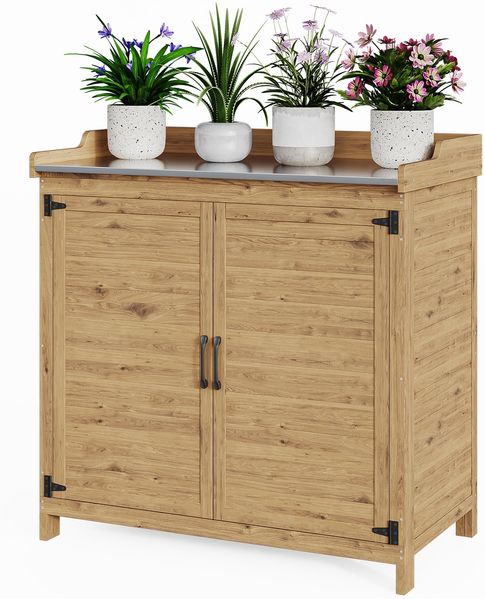 Bealife Pflanztisch mit Unterschrank, Gartenschrank mit Arbeitsplatte mit 1 Bewegbarer Einlegeboden für den Innen- und Außenbereich (Natur, 48T x 98B x 95H)