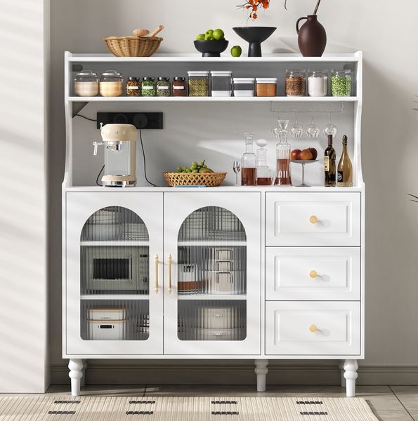 Hochschrank mit Fluted-Glas, 3 Schubladen & USB-Anschluss, 120 x 40 x 138,5 cm, Weiß
