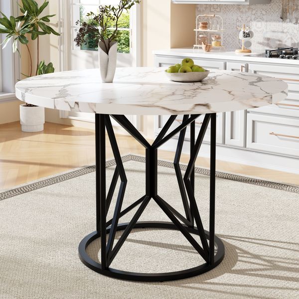 Esstisch, MDF in Marmoroptik mit Metallgestell, 100x100x76 cm, Schwarz