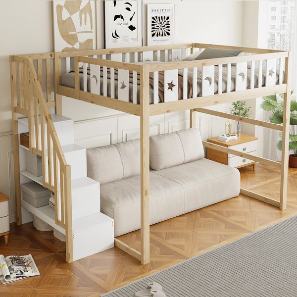 Merax Hochbett, Etagenbett für Kinder 140x200 mit Treppe, Kinderbett Aus Massivholz mit Sicherheitsgeländer, Weiß+Natur