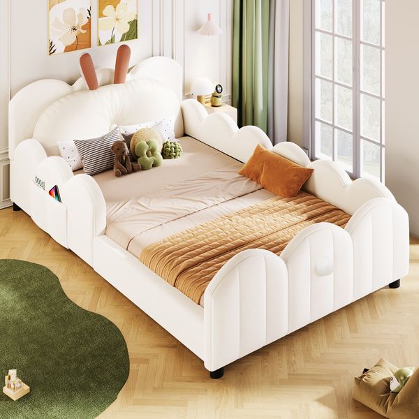 Merax Einzelbett, Kinderbett 90x200 Gepolstertes Plattformbett mit Kissen in Kaninchenform, Beige
