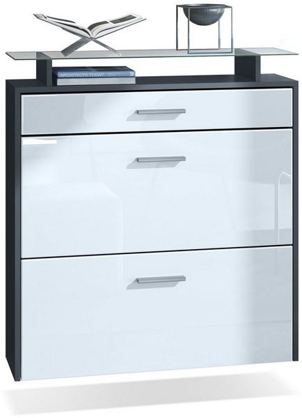 Vladon Schuhschrank Malea, Anthrazit matt/Weiß Hochglanz - hängender Schuhkipper für 16 Paar Schuhe (89 x 96 x 23 cm)