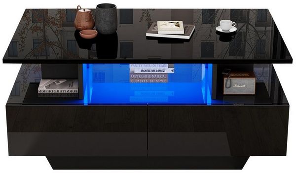 REDOM Couchtisch Moderner Couchtisch (Hochglanz-Wohnzimmetisch, Beistelltisch mit versteckem Stauraum, 1-St, 2 Schubladen), mit LED-Beleuchtung