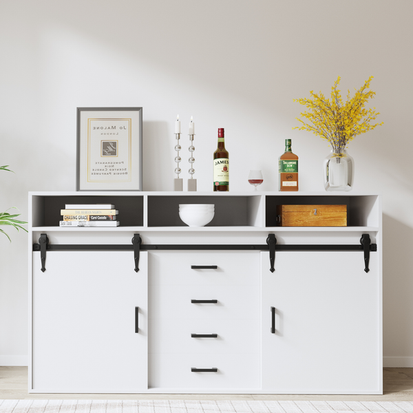 HOMAVO Sideboard HG1 Mit Schiebetüren 140 cm Für Wohnbereiche, Weiß